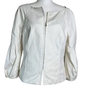 Magaschoni Collection White Zip Front Puff Sleeve Jacket